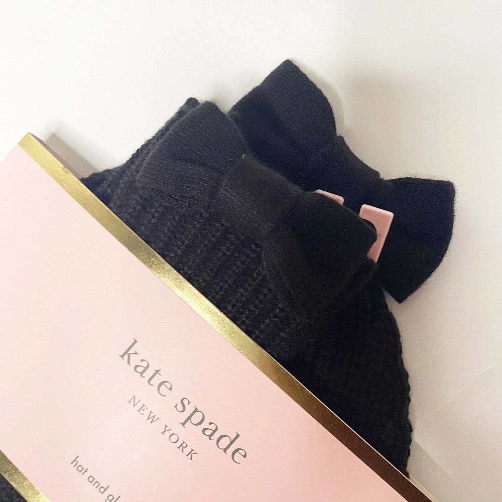 —-sold-1KATE SPADE Bow Beanie AND Glove Set Black MSRP $128 New Acrylic - Picture 2 of 3